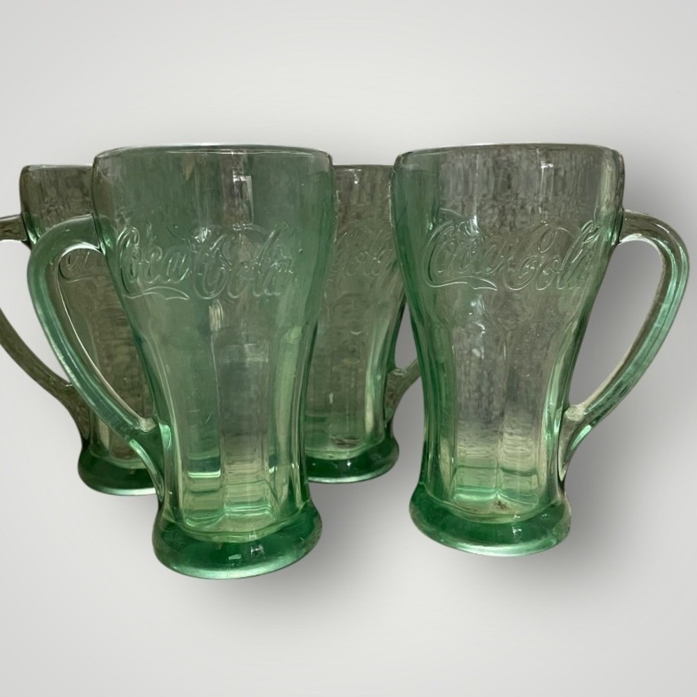 Coca Cola Georgia‎ Green Glass Mugs Set of 4 Embossed Logo Handle Vintage Retro